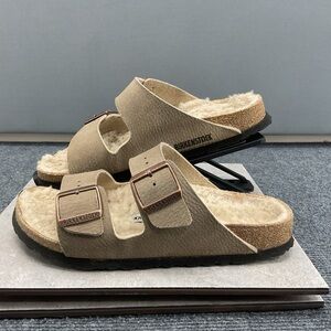 Birkenstock Two-Strap Shearling Lined Sandals in Beige